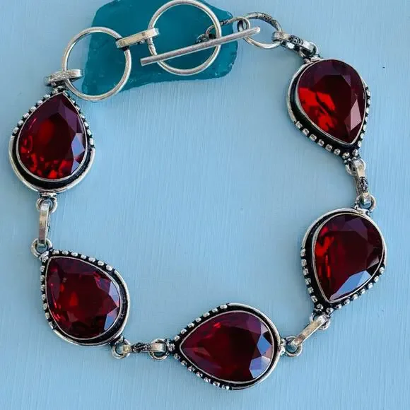 925 Sterling Teardrop Faceted Garnet Bracelet 8" - Picture 1 of 6
